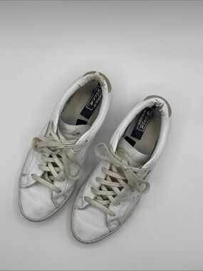 Adidas White Low-Top Sleek Athletic Sneakers with Tan Heel Accent